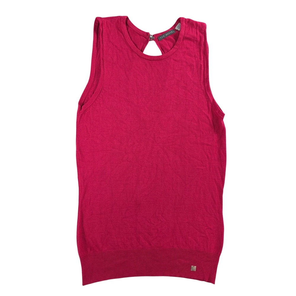 Ted Baker Women 2 Pink Sleeveless Knit Top Open Back Button Detail Fuchsia